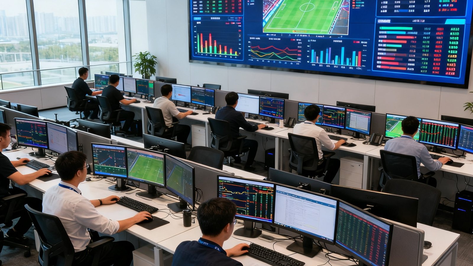 球迹数据科技北京办公室的开放工作区全景，十几位数据分析师正在多屏工作站前专注分析比赛数据，墙面上悬挂着大型LED屏幕实时滚动全球赛事比分与数据仪表盘。